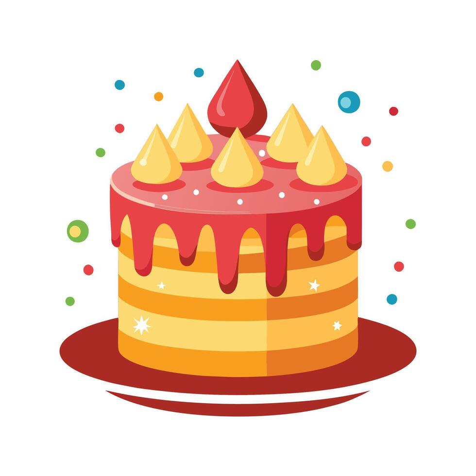 Delicious layered birthday cake illustration with colorful frosting and festive decorations for celebratory occasions. vector