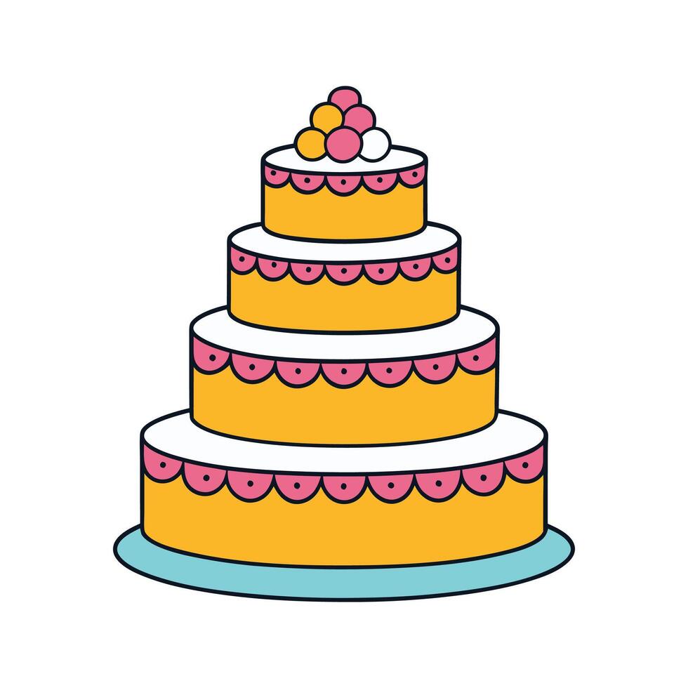 Adorable four tiered wedding cake illustration with decorative frosting and colorful design elements vector