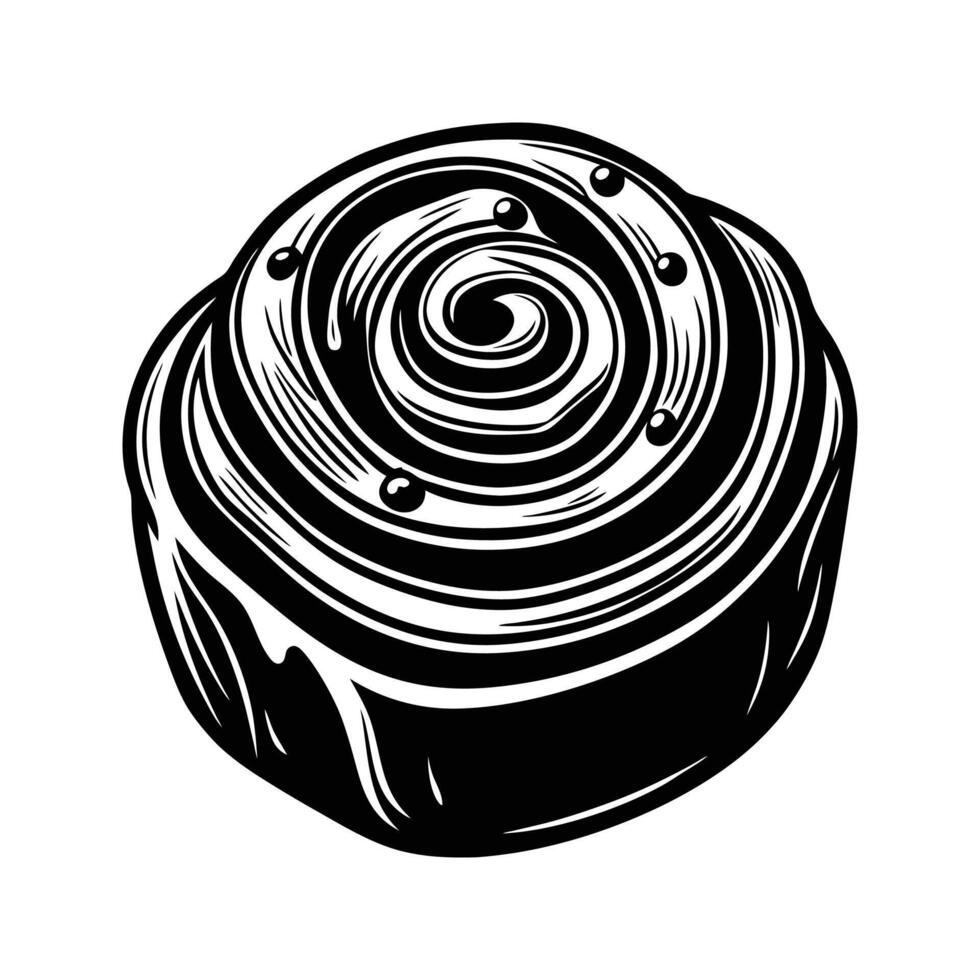 Delicious detailed black and white illustration of a cinnamon roll pastry dessert vector