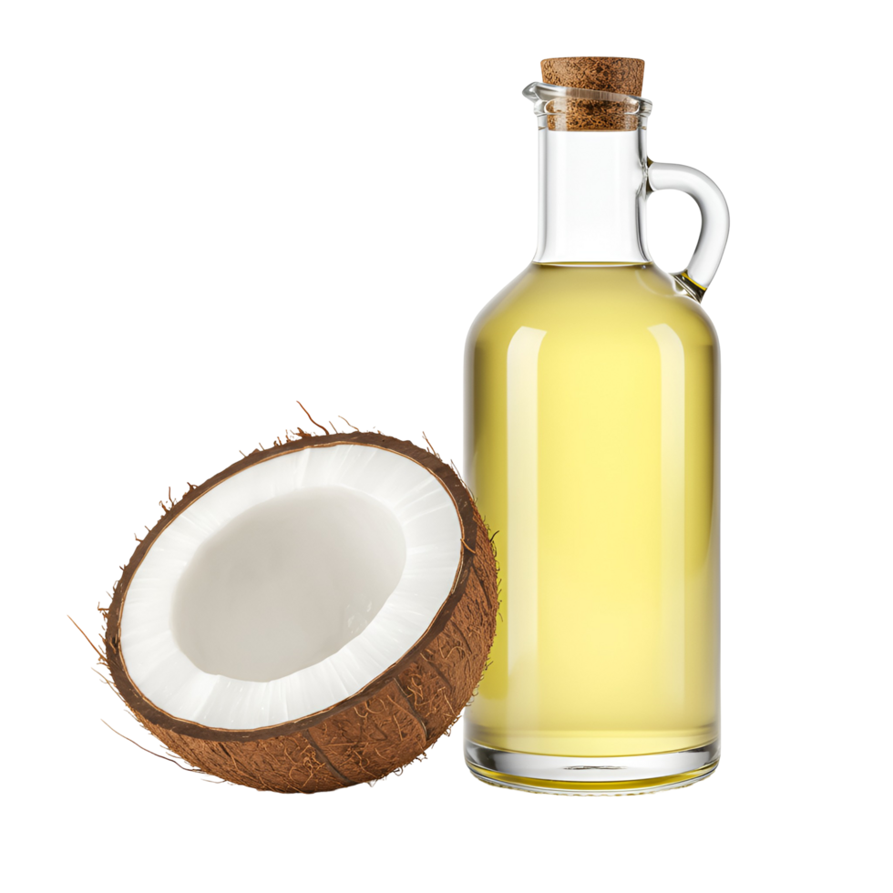 A half coconut and a bottle of coconut oil on transparent background png