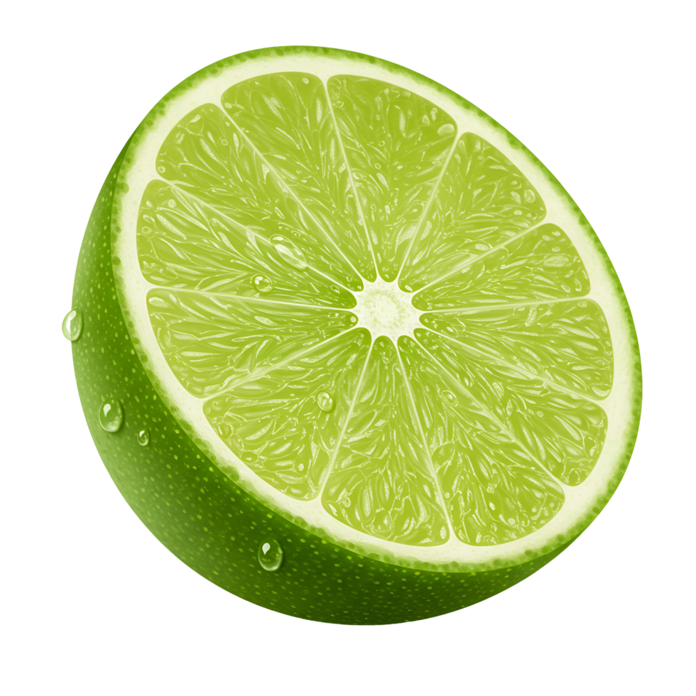 A close up shot of a half cut lime with water droplets on transparent background png