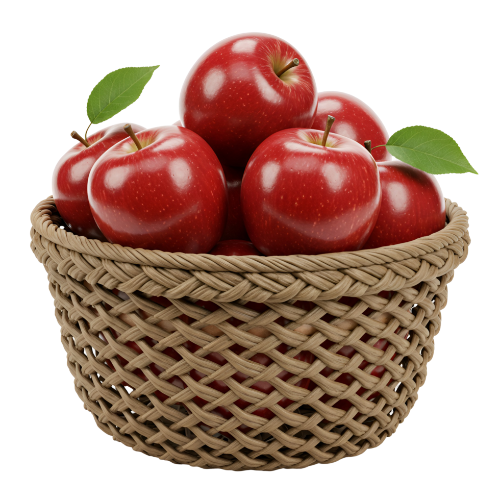 A woven basket overflowing with vibrant red apples and adorned with fresh green leaves on transparent background png