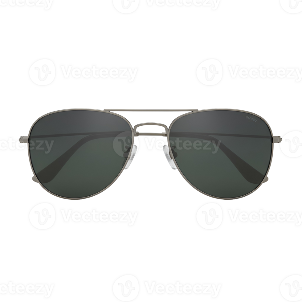 A front view of aviator style sunglasses with a silver frame on transparent background png