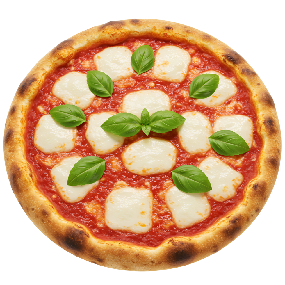Overhead view of a margherita pizza with basil leaves on transparent background png