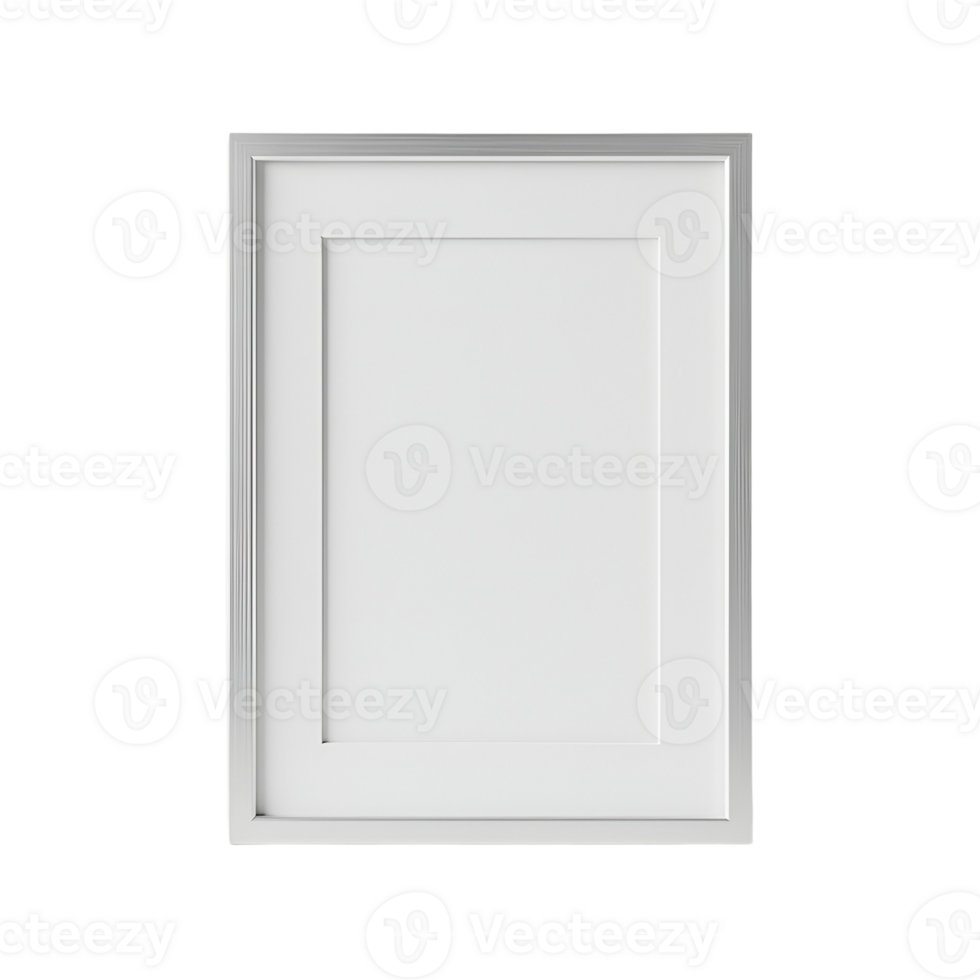 Isolated silver frame with white matting and interior on a white plain surfaceon transparent background png