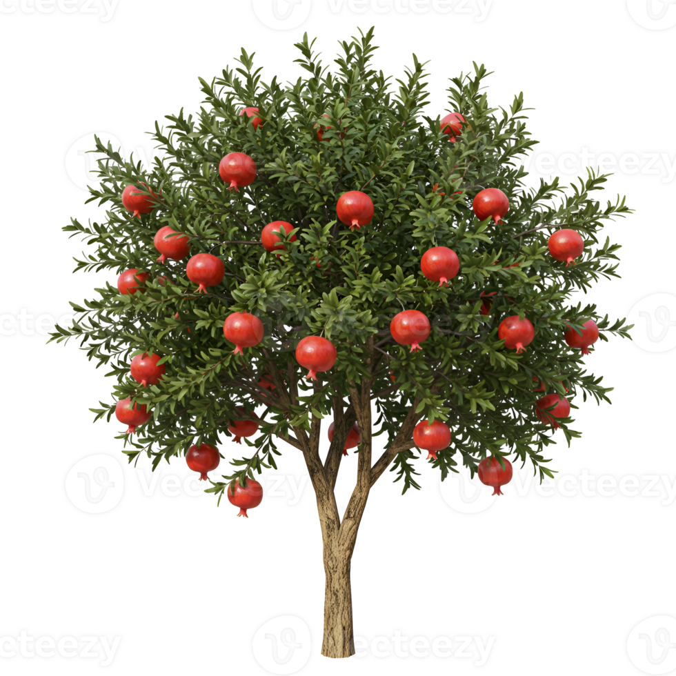 A pomegranate tree with many ripe red pomegranates hanging from its branches on transparent background png