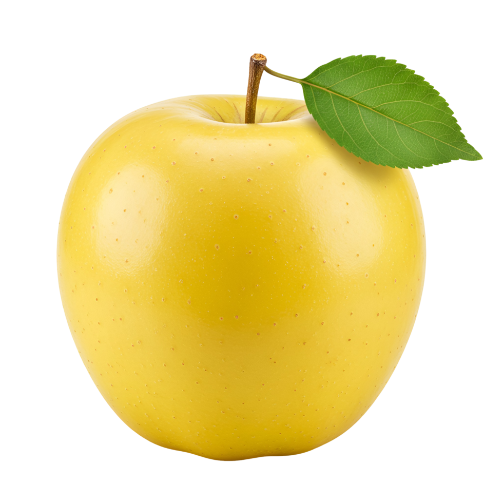 A single yellow apple with a stem and a leaf on transparent background png