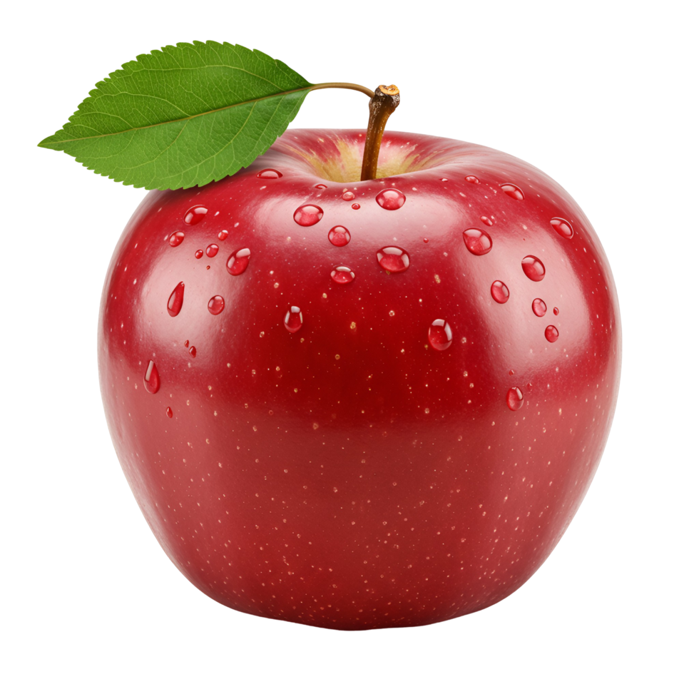 Close up shot of a shiny red apple with water droplets and a green leaf on transparent background png