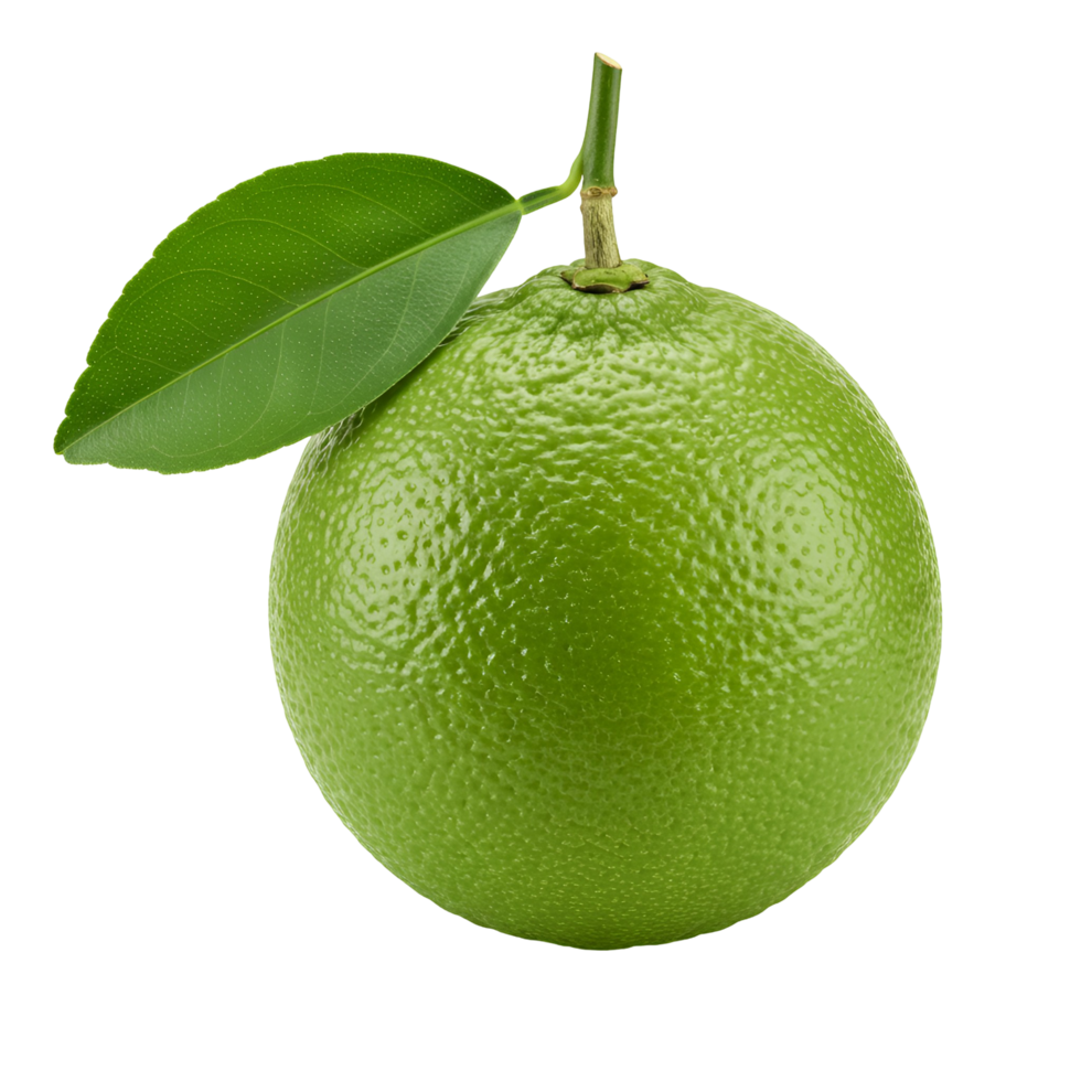 Close up shot of a single green lime with a leaf attached on transparent background png