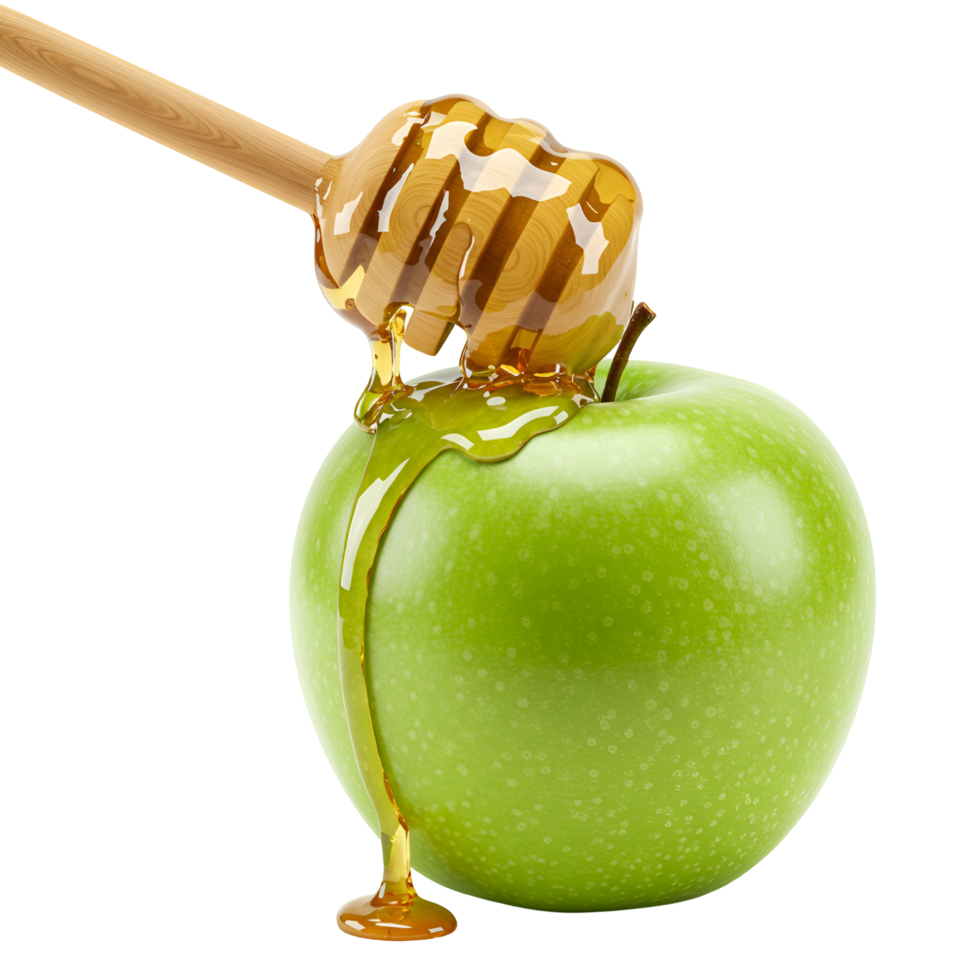 Green apple with honey dripping from a wooden dipper on transparent background png