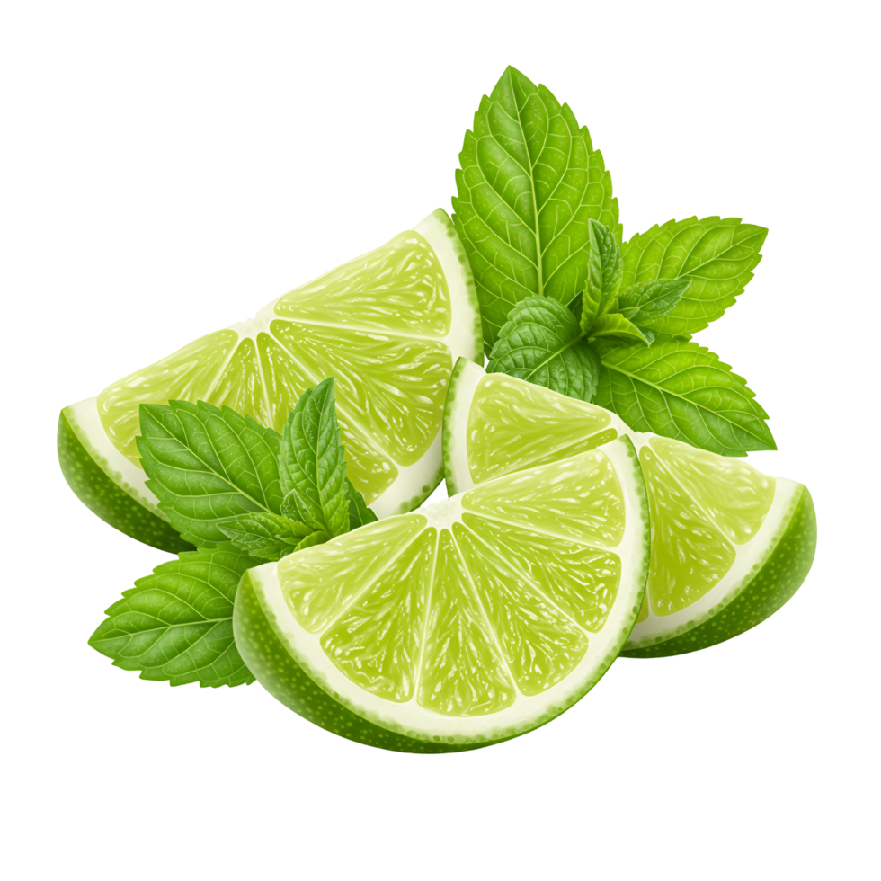 Still life featuring lime wedges and fresh mint leaves arranged on transparent background png