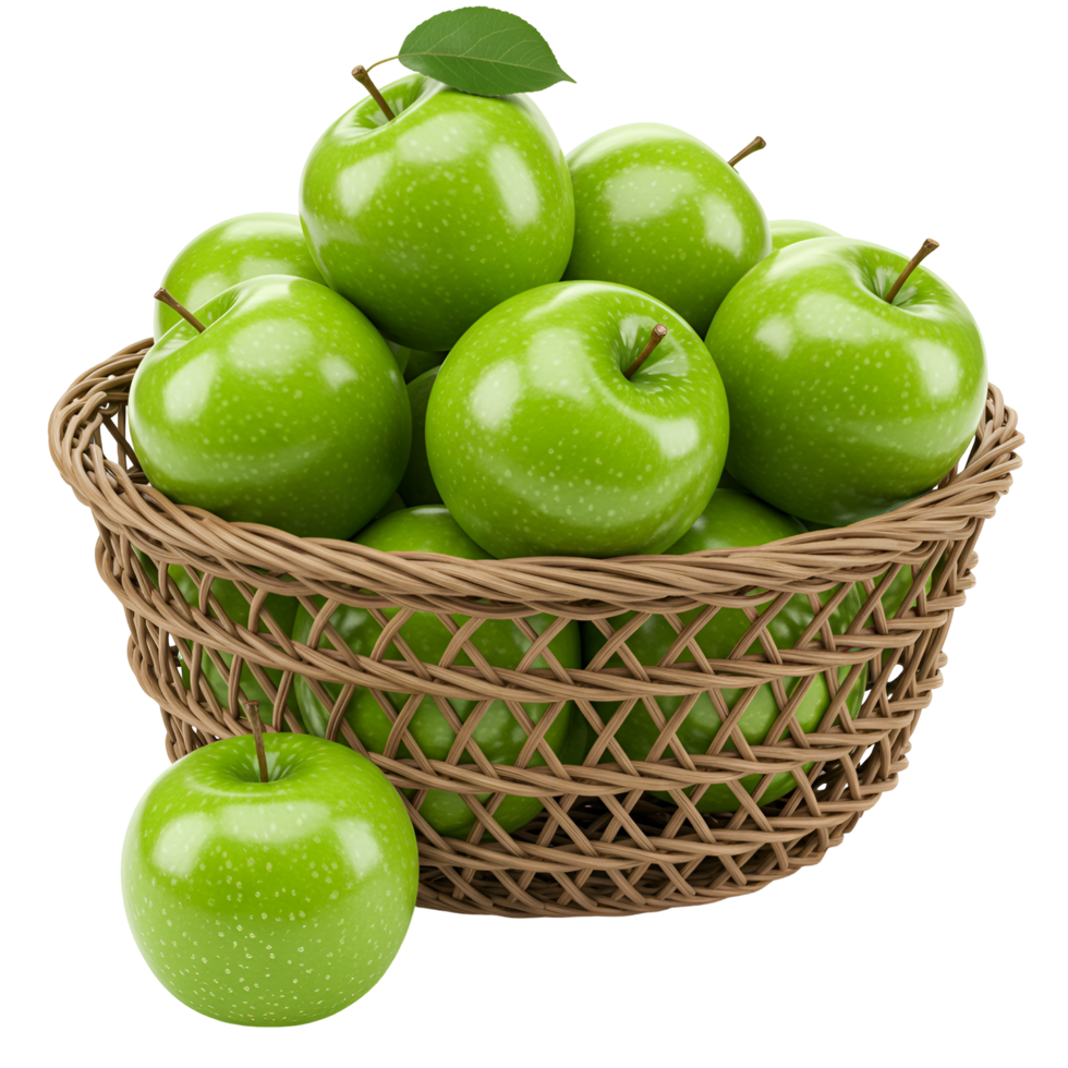 A basket overflowing with vibrant green apples on transparent background png