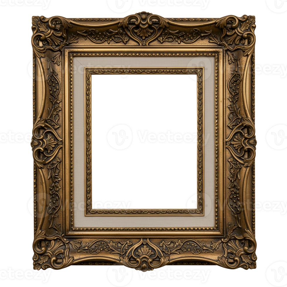 Ornate golden picture frame with intricate details and a white inner border on transparent background png