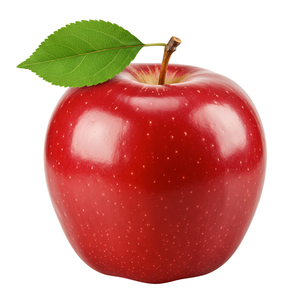 A single shiny red apple with a green leaf and stem on transparent background png