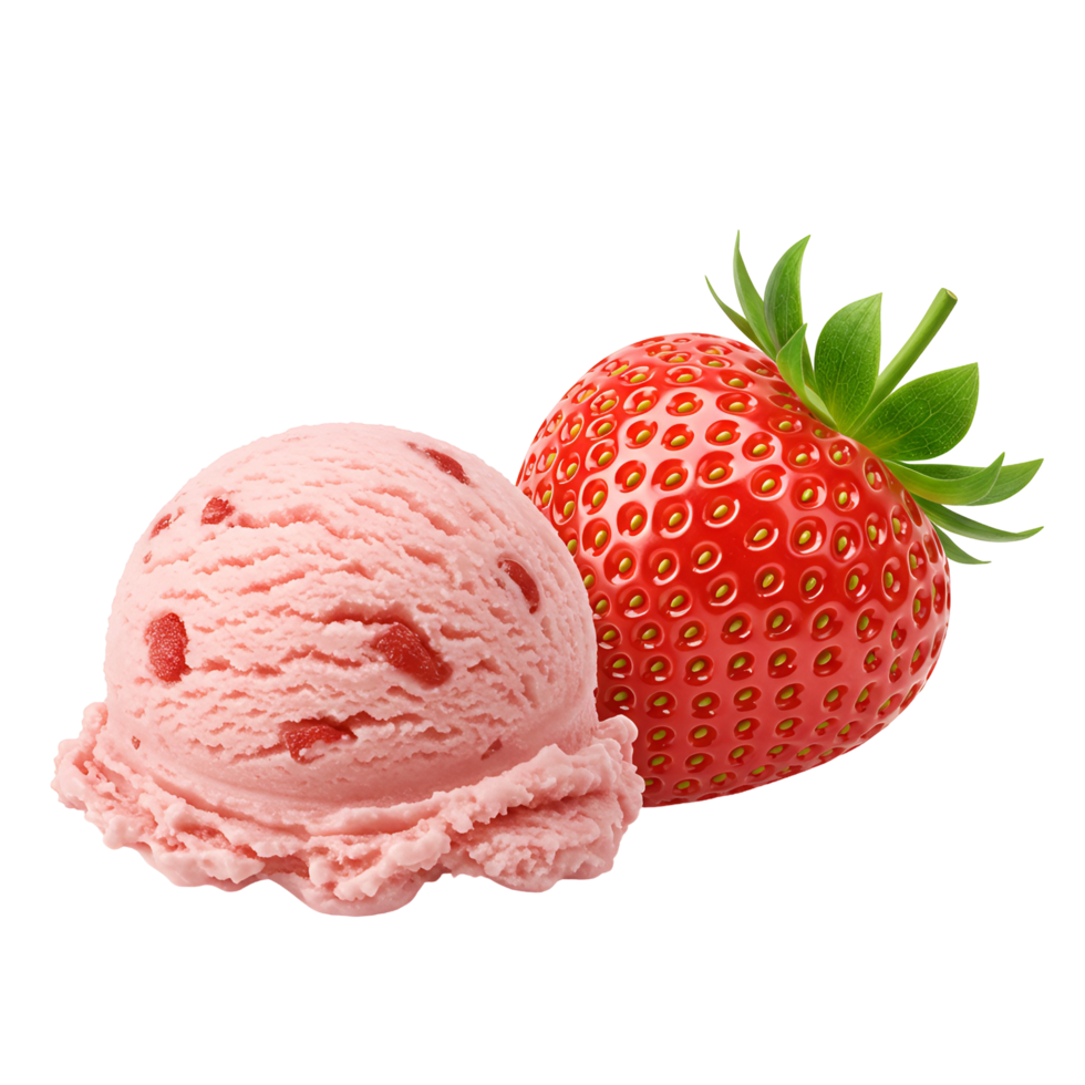 A strawberry ice cream scoop next to a fresh strawberry on transparent background png