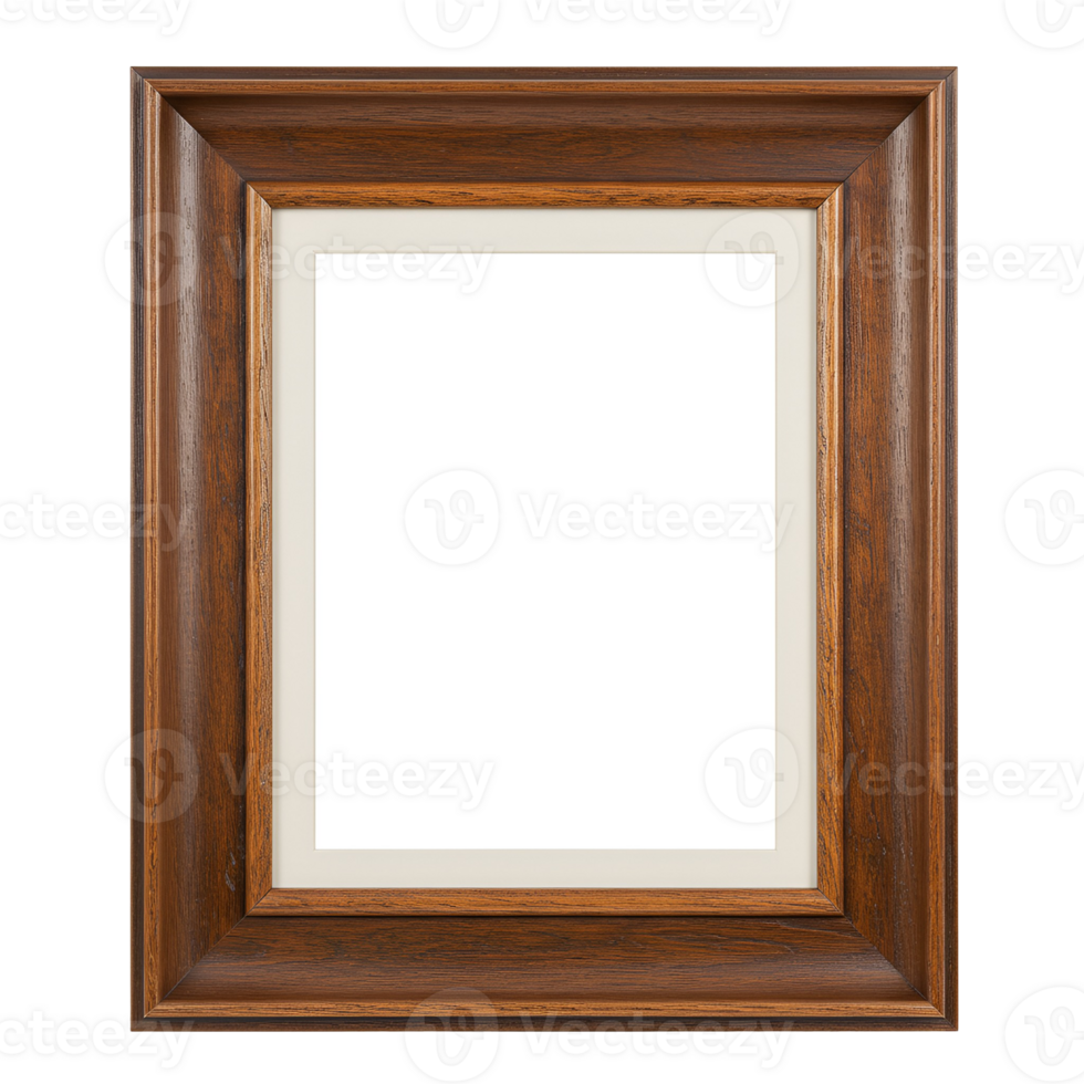 A close up view of a wooden picture frame with a white matte, centered on transparent background png