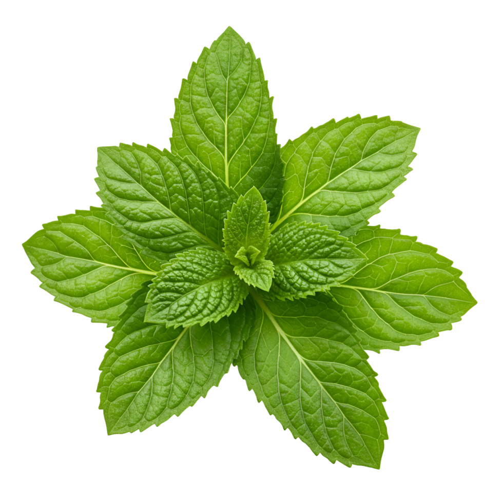 A top down view of a fresh green mint plant with leaves arranged in a circular pattern on transparent background png
