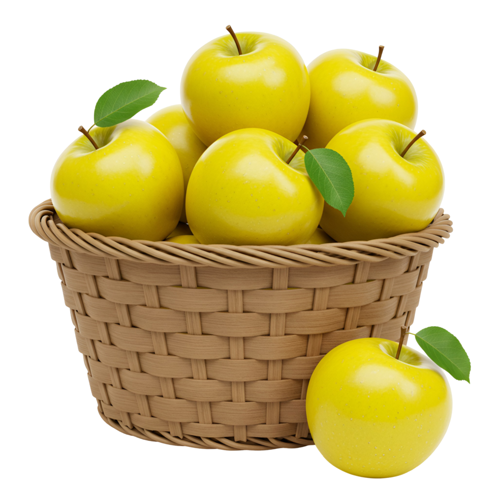 A basket overflowing with golden delicious apples and a single apple beside it on transparent background png