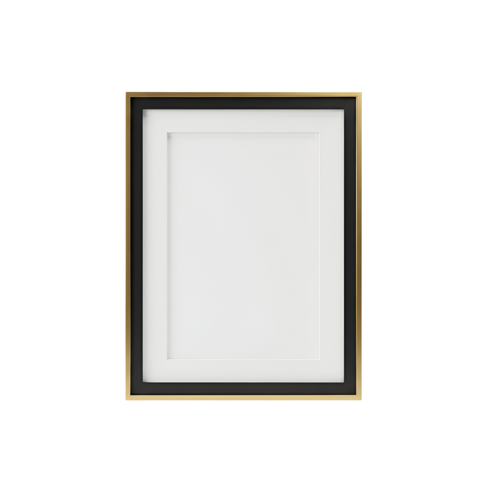A portrait oriented picture frame with black and gold border on transparent background png