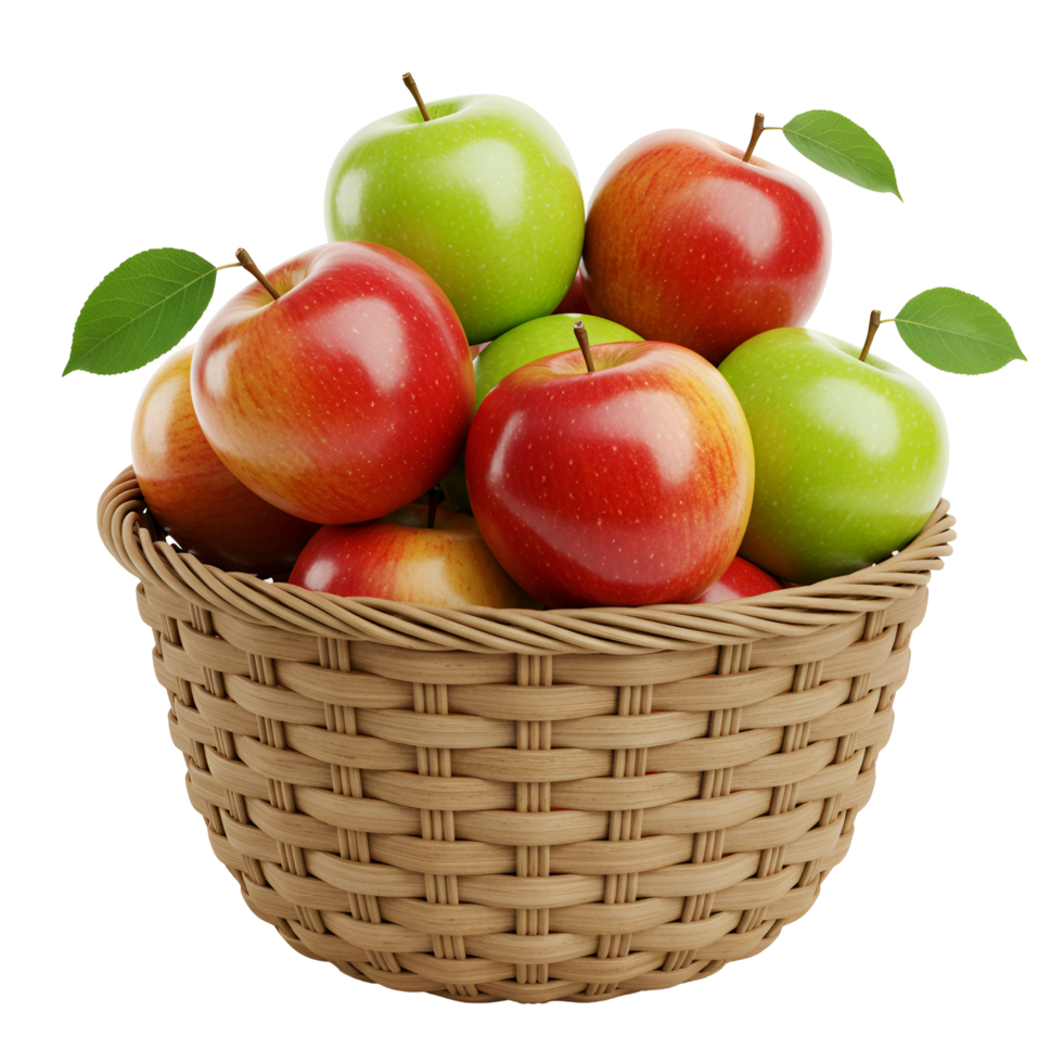 A basket overflowing with a mix of red and green apples on transparent background png