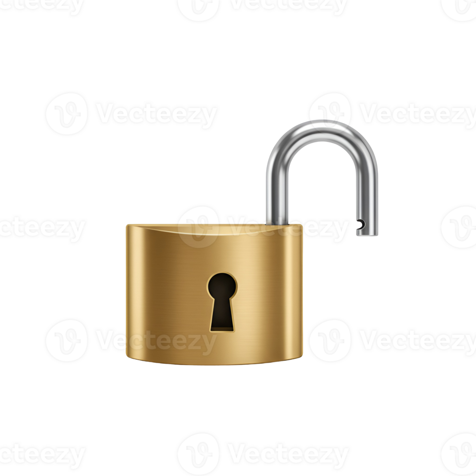 A golden padlock with a silver shackle is open on transparent background png