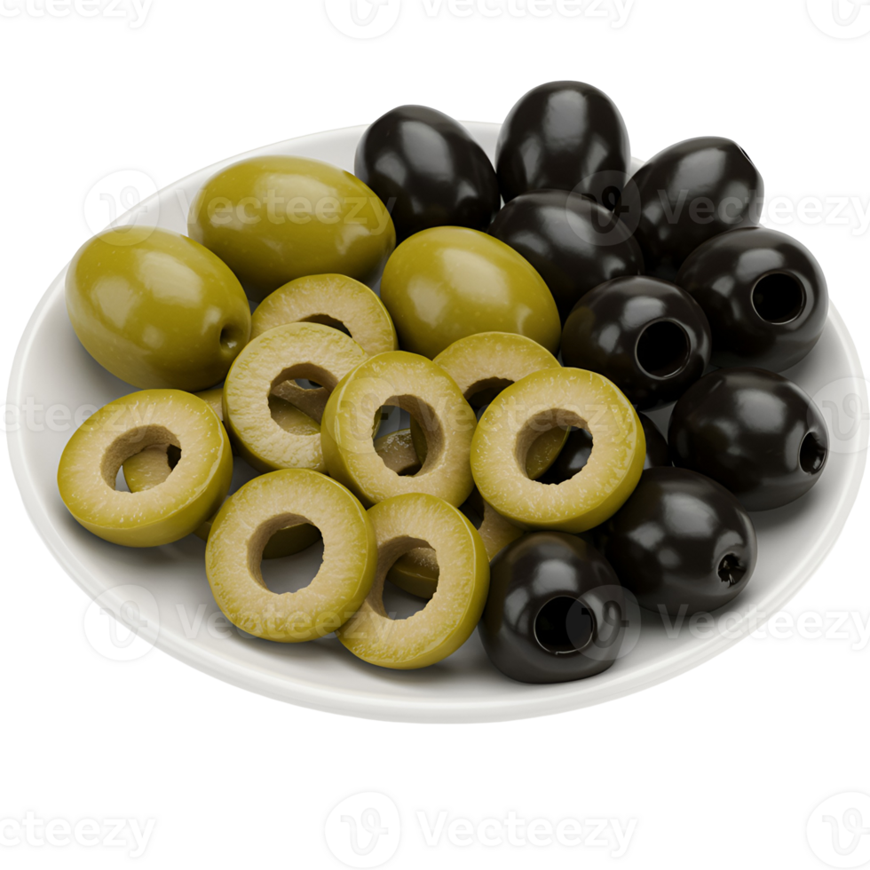 A plate featuring a mix of green and purple olives, some whole and some sliced on a transparent background png