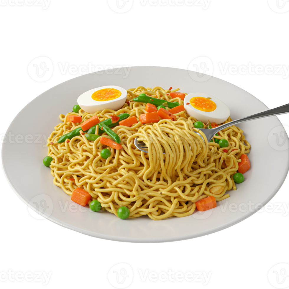 A plate of noodles with eggs and vegetables being lifted with a fork on a transparent background png