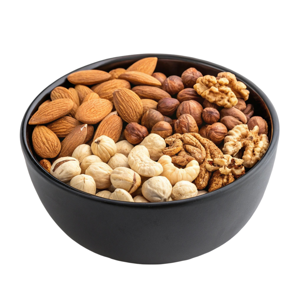 assorted nuts in a black bowl png