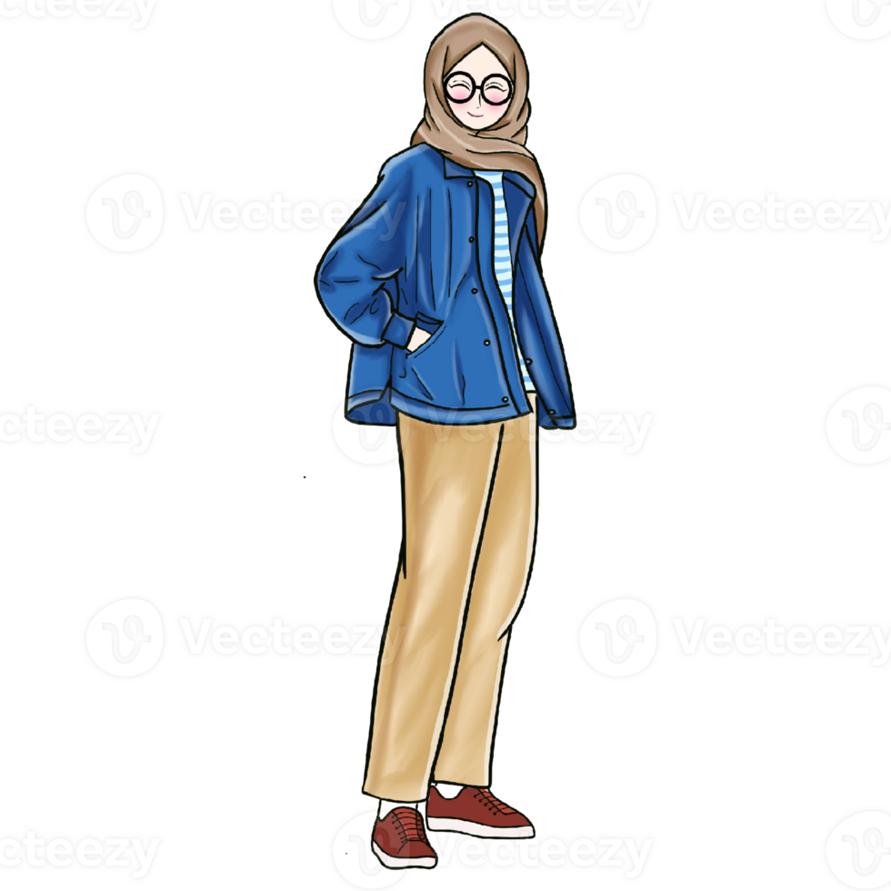 Casual hijabi girl in blue jacket illustration png