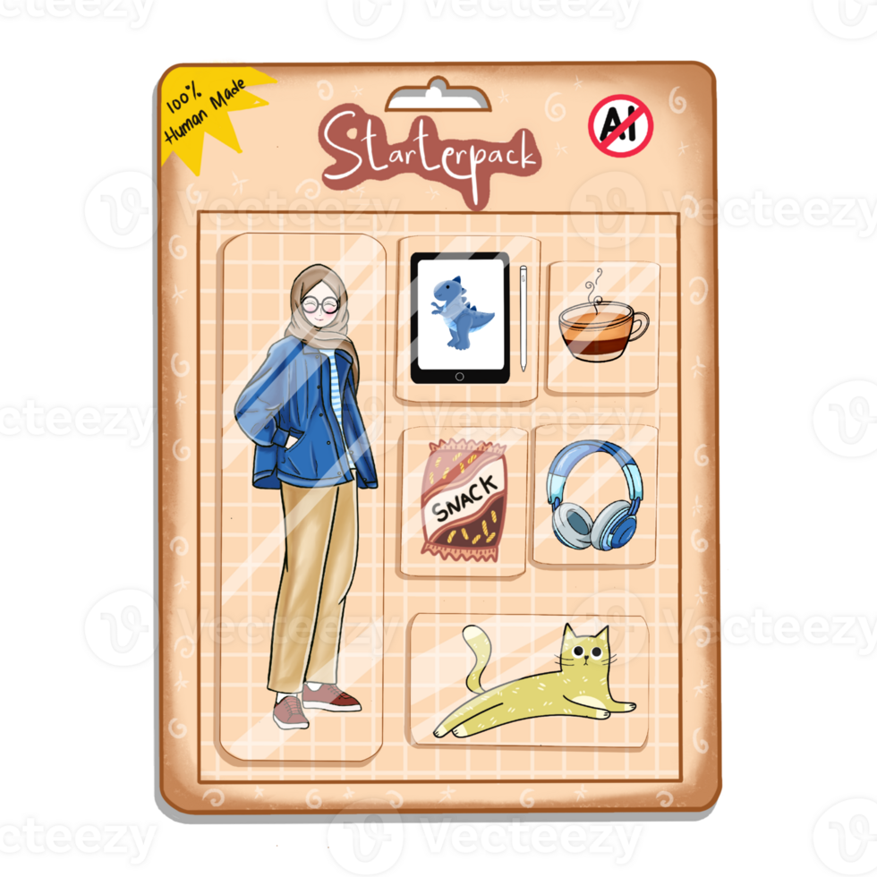 Starter pack illustration for hijabi girl with hobbies png