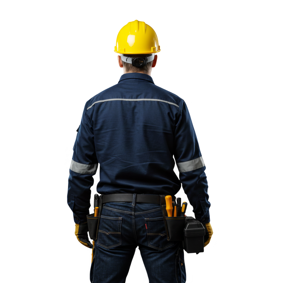 Back view of construction workers yellow helmet on transparent background png