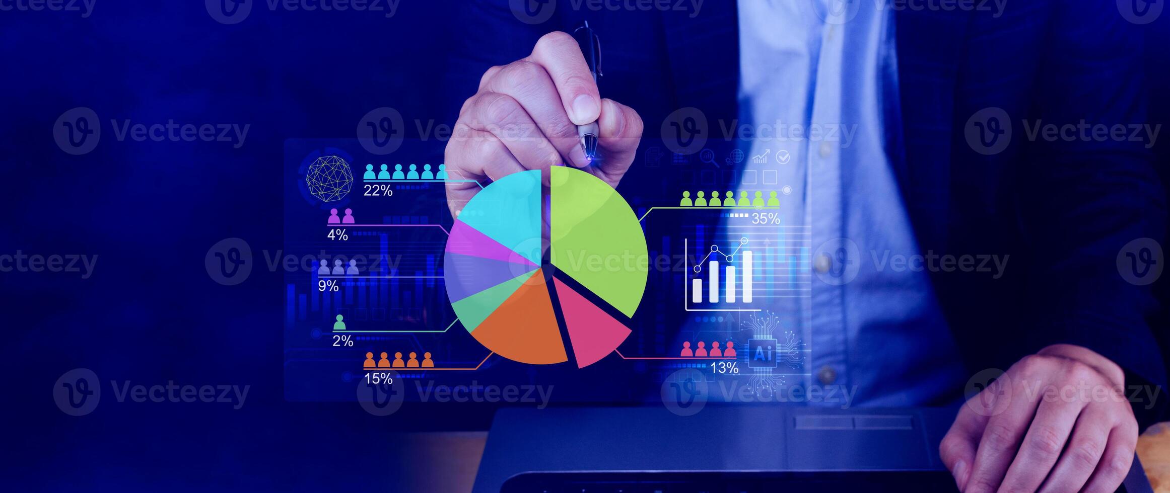 Market research and marketing analysis with Ai technology. customer surveys and statistics. analysts touch on pie charts and graphs, financial growth graph chart report, Business planning. chart photo