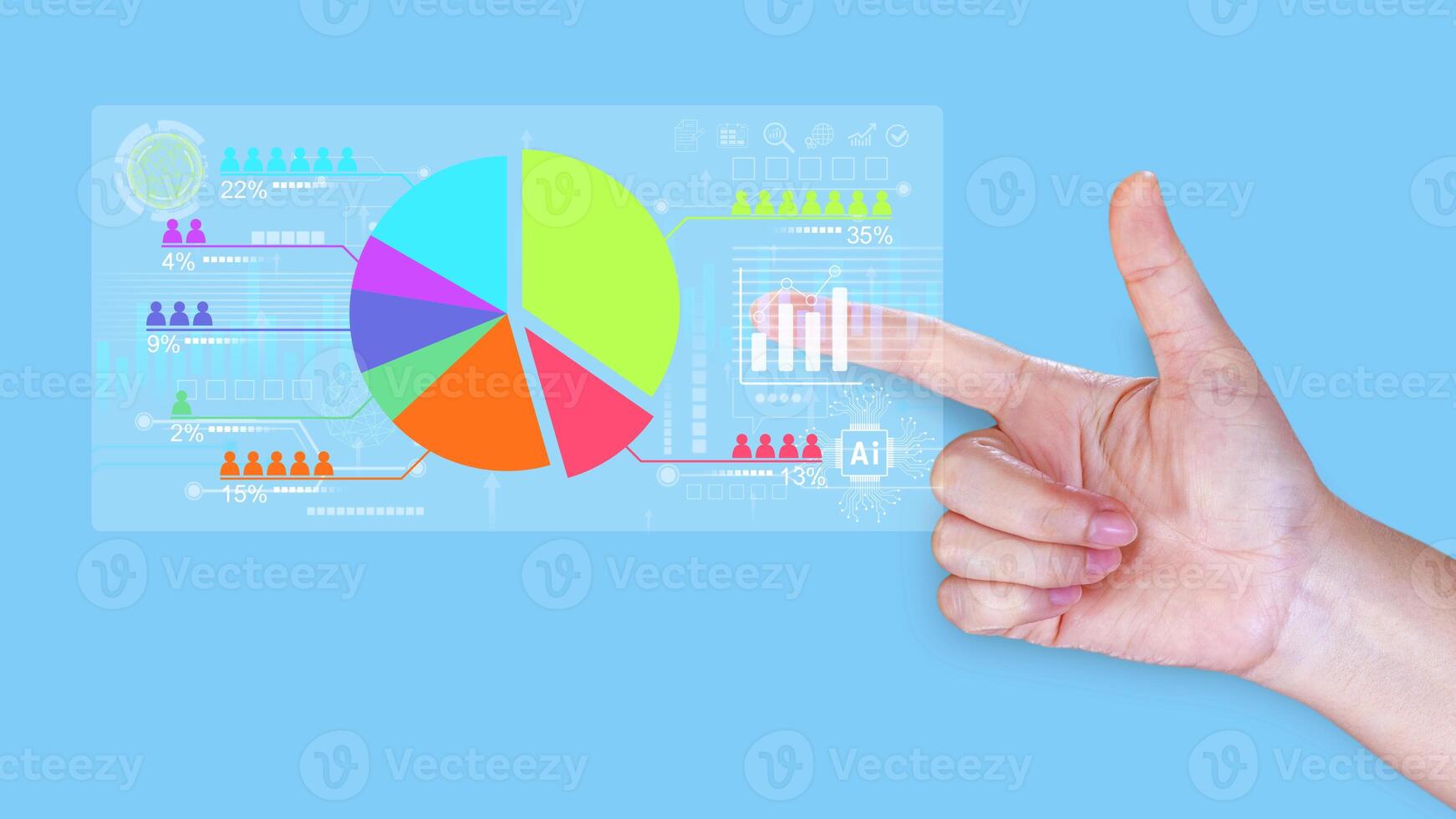 Market research and marketing analysis with Ai technology. customer surveys and statistics. analysts touch on pie charts and graphs, financial growth graph chart report, Business planning, chart photo