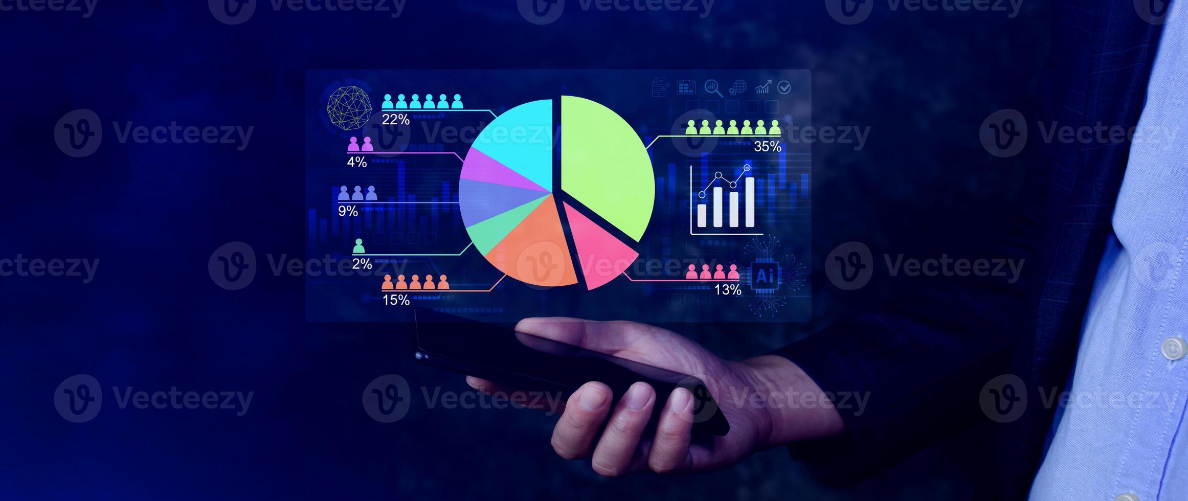 Market research and marketing analysis with Ai technology. customer surveys and statistics. analysts touch on pie charts and graphs, financial growth graph chart report, Business planning. stock photo