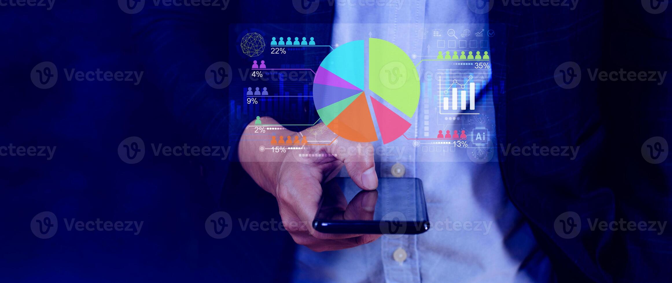 Market research and marketing analysis with Ai technology. customer surveys and statistics. analysts touch on pie charts and graphs, financial growth graph chart report, Business planning. photo