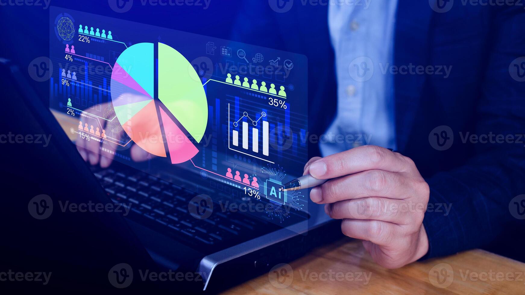 Market research and marketing analysis with Ai technology. customer surveys and statistics. analysts touch on pie charts and graphs, financial growth graph chart report, Business planning. research photo