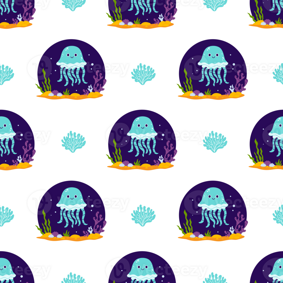 Underwater Seamless Pattern. Cute Sea Jellyfish with Algae and Seabed png