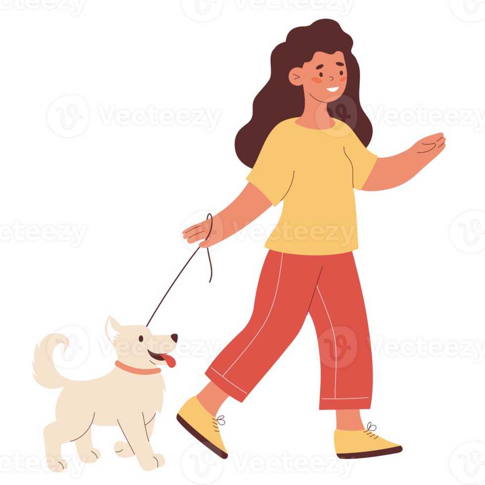 Happy Woman Walking Dog Outdoors. Female Character png