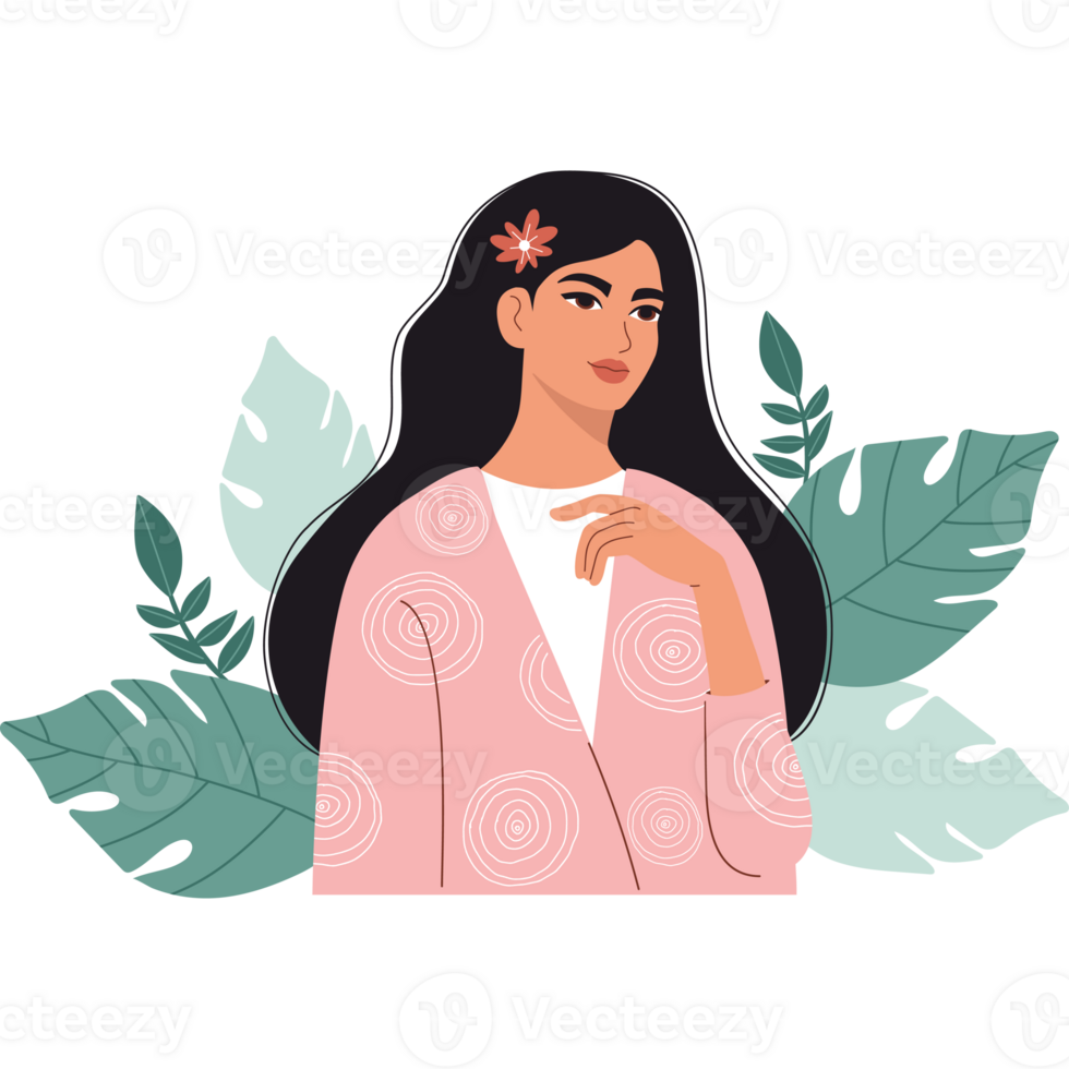 Girl with Long Hair in Pink. Female Portrait with tropical leaves png