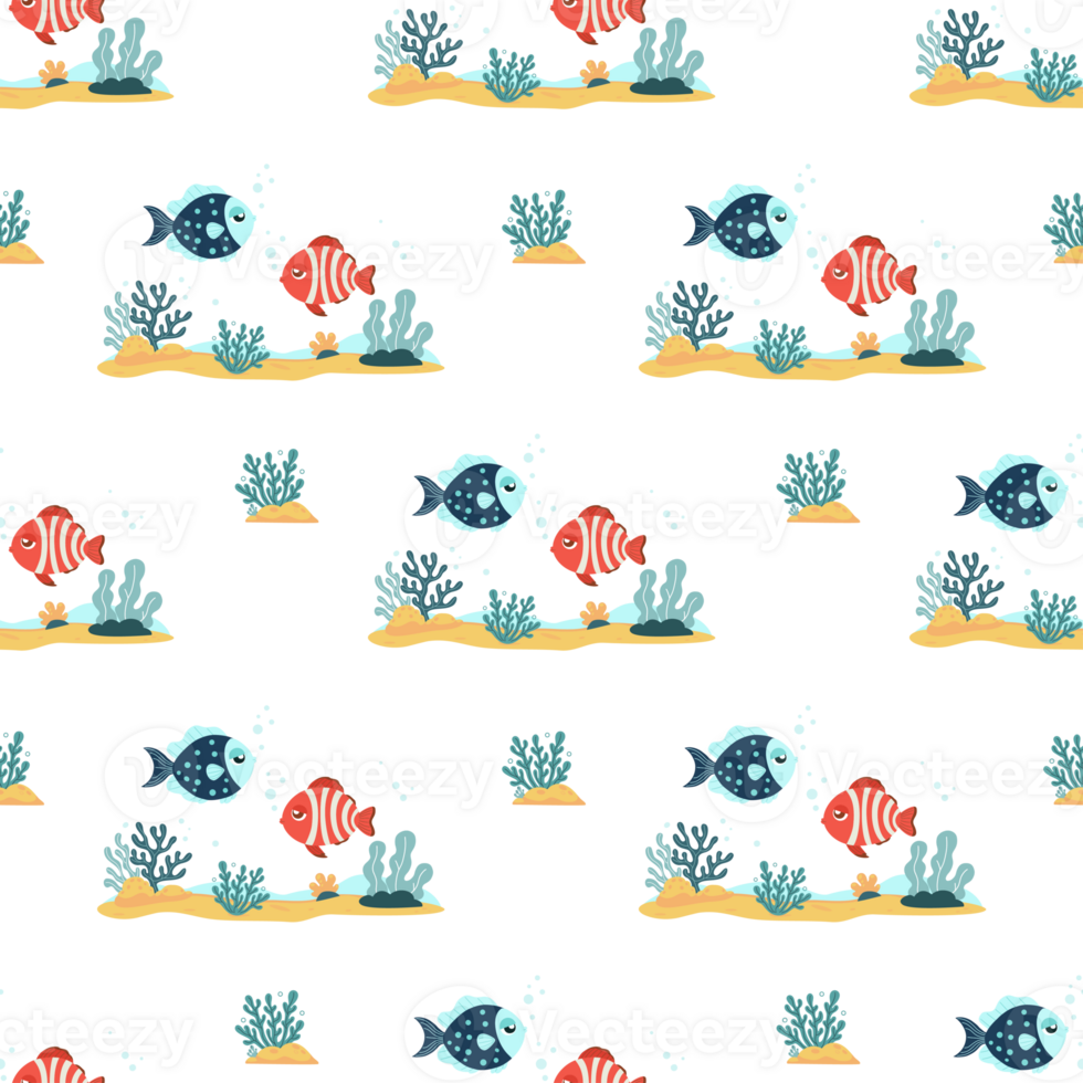 Seamless Pattern. Two Tropical Fish with Seaweed, Algae, Coral and sea bottom png