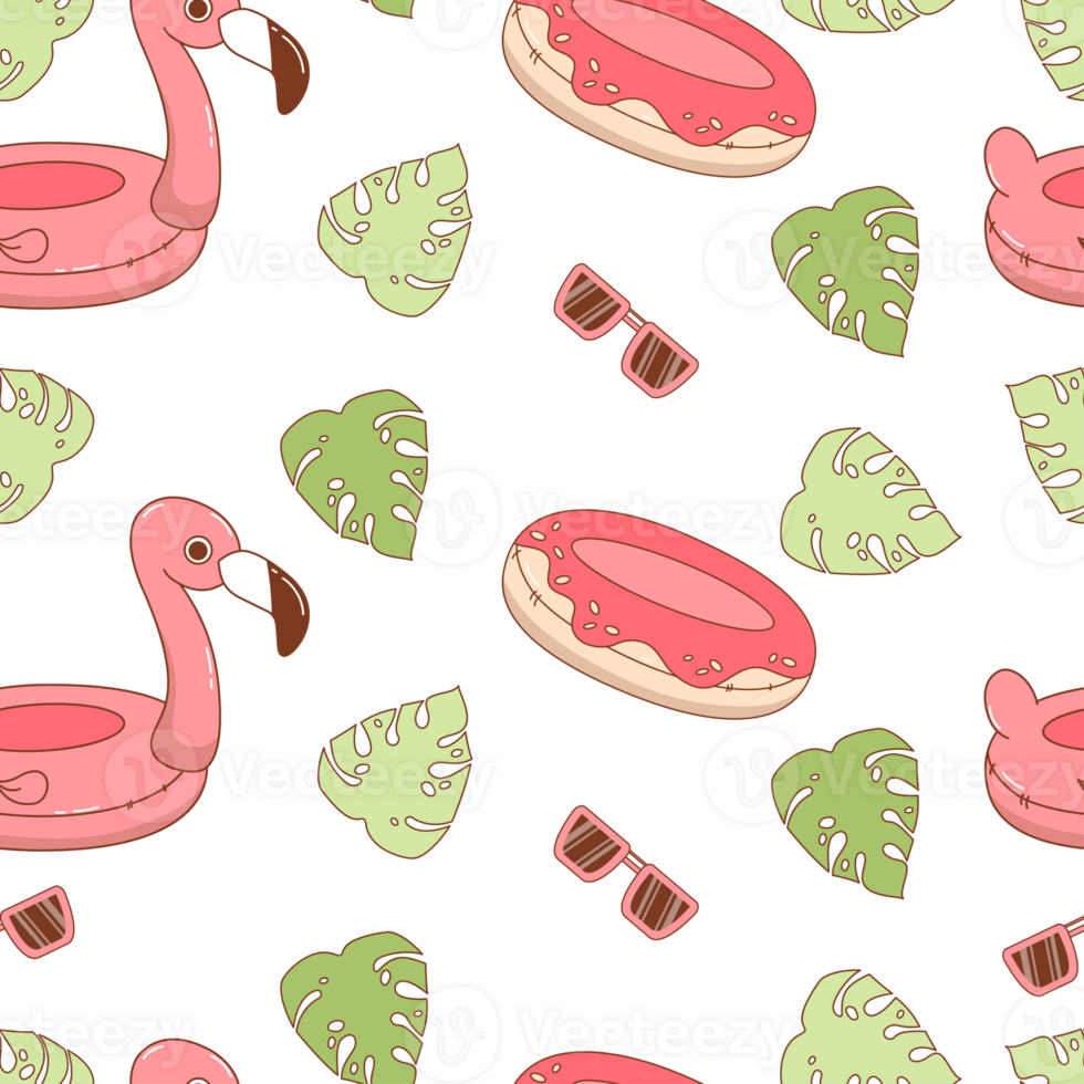 Beach Seamless Pattern. Cute Summer Toy inflatable flamingo and donut png