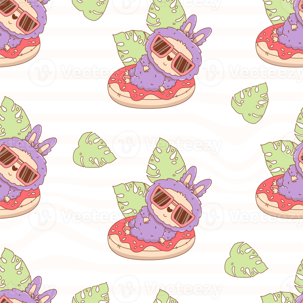Seamless Beach Pattern. Cute Monster Toy In Sunglasses on Inflatable Donut on striped background png