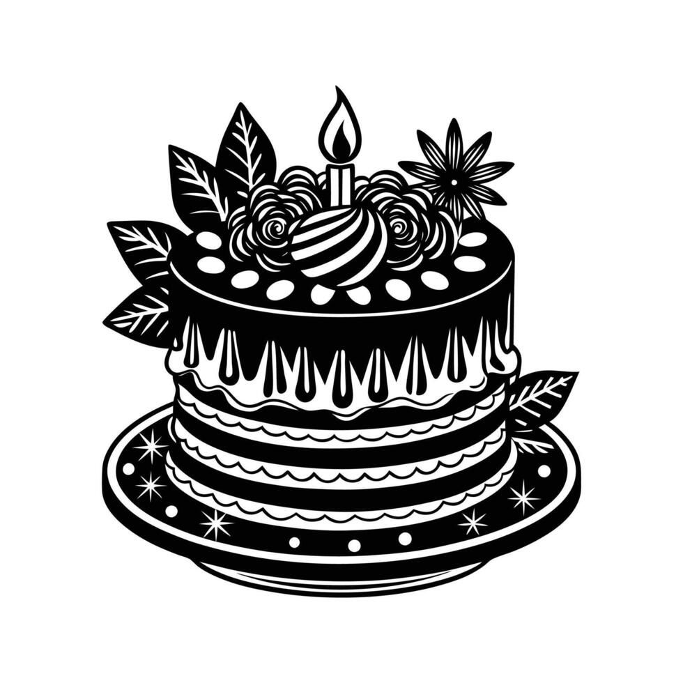 Elegant black and white birthday cake illustration decorated with floral elements and candle vector
