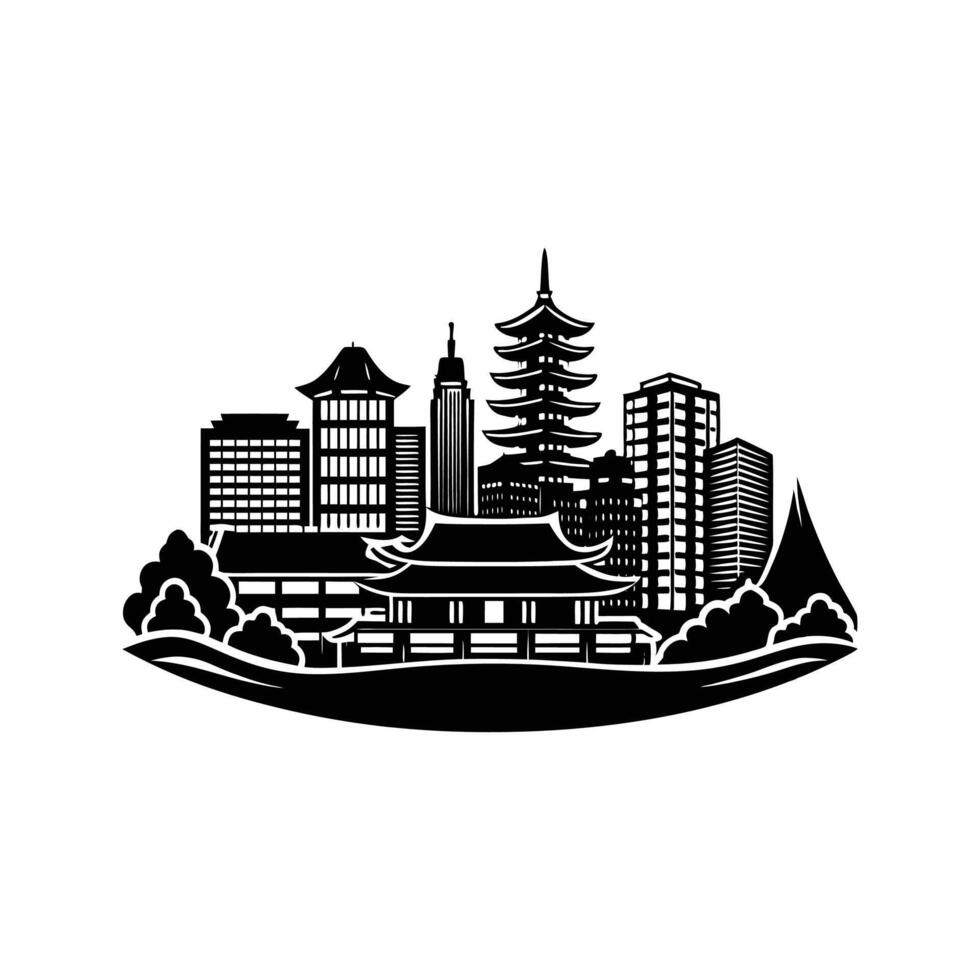 Stylized black and white illustration depicting a cityscape with japanese architecture and buildings vector