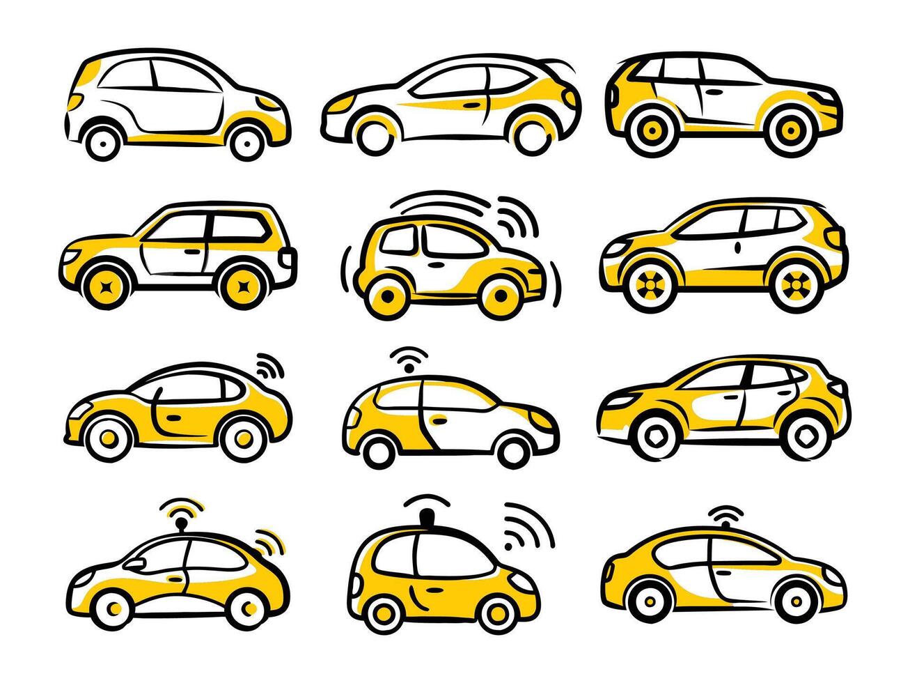 Illustrated collection of yellow and white cars in a hand drawn style on white background vector