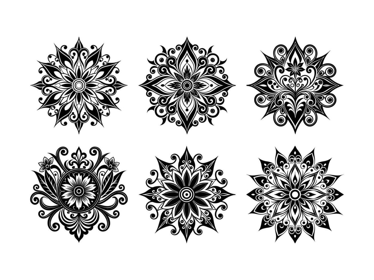 Detailed black and white ornamental floral mandala designs on a clean white background vector