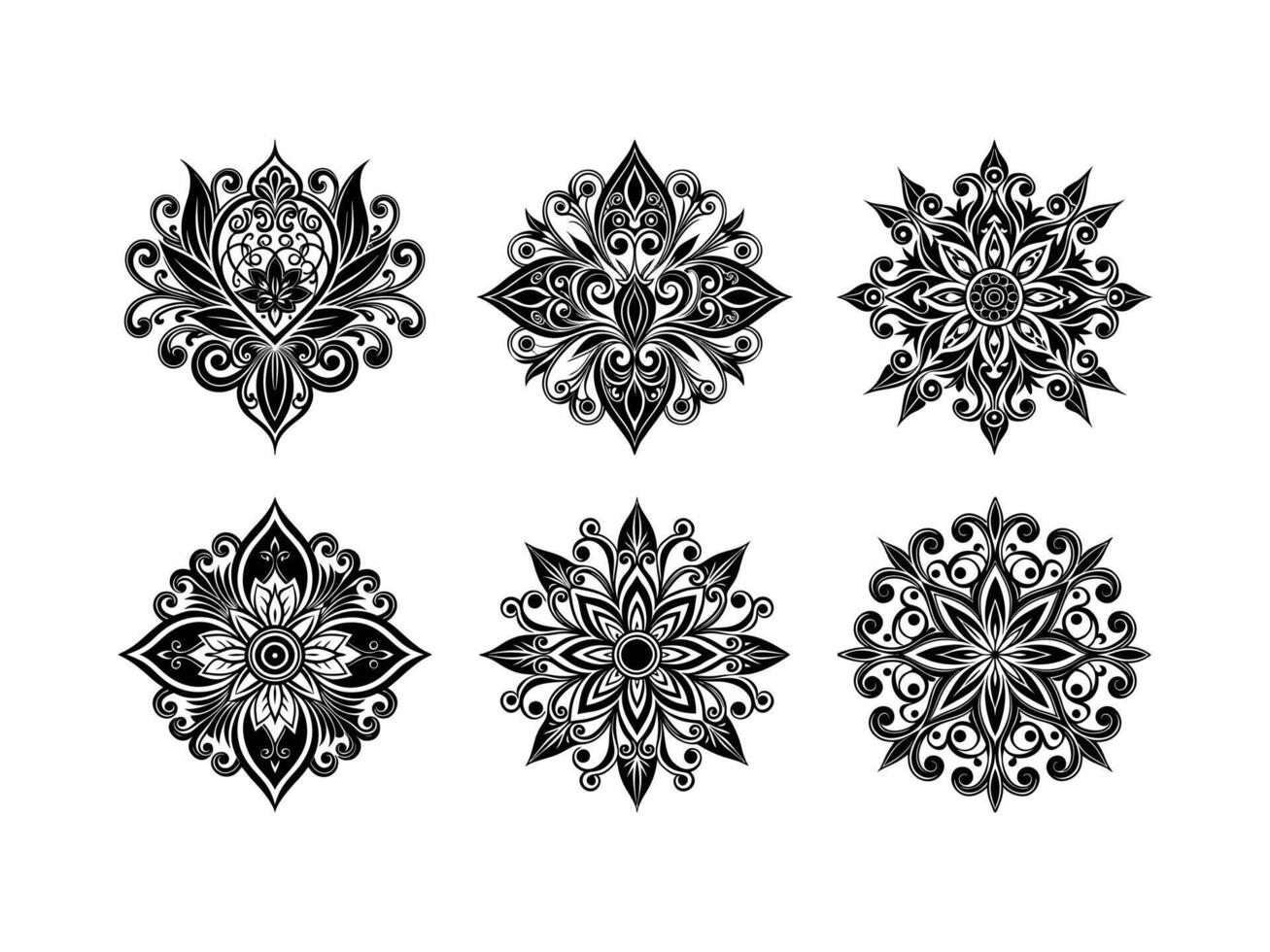 Elegant collection of six intricate ornamental floral black and white designs vector