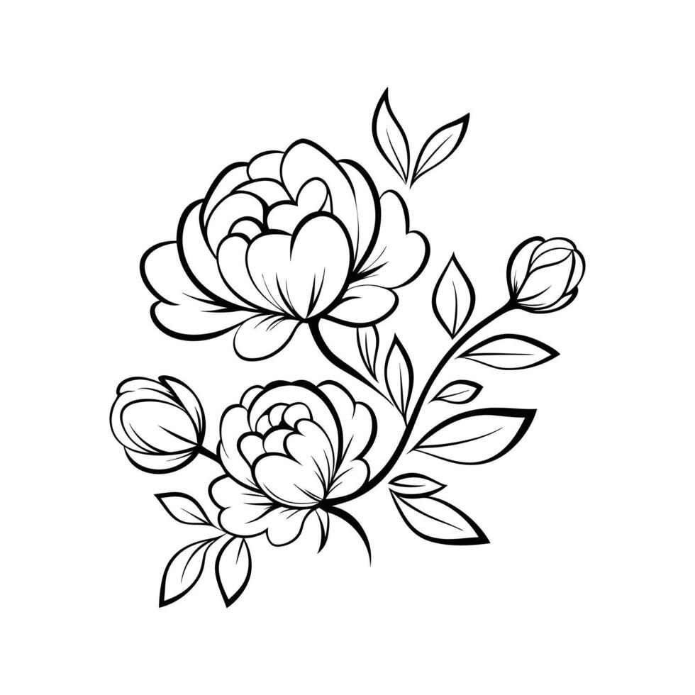 Elegant black and white floral illustration depicting delicate peonies and budding blossoms vector
