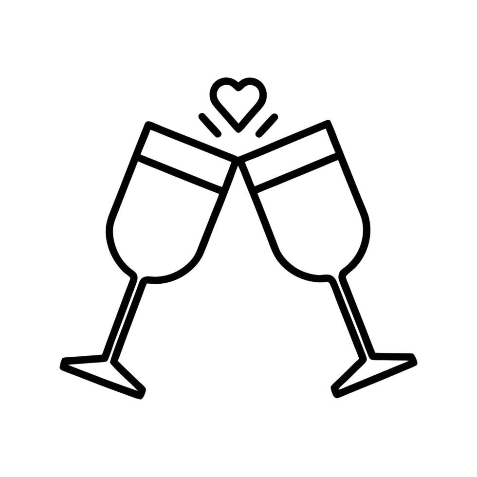 Black and white line art of two champagne glasses clinking with a heart above, simple celebration icon, clean outline, white background vector