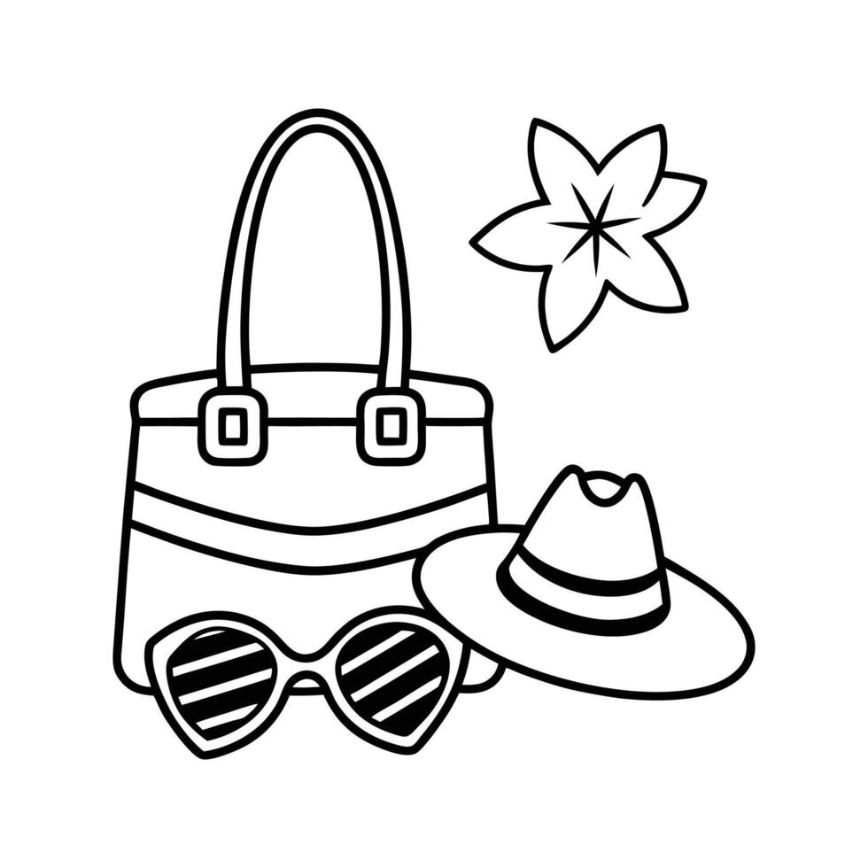 Black and White Line Art Summer Bag Sunglasses Hat Flower vector